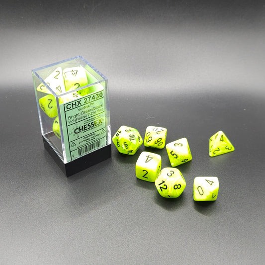 Chessex - Vortex Polyhedral 7 Dice Set - Bright Green w/Black
