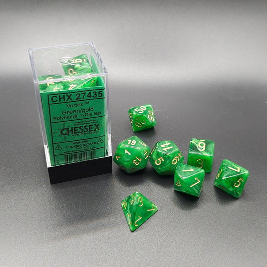 Chessex - Vortex Polyhedral 7 Dice Set - Green w/Gold