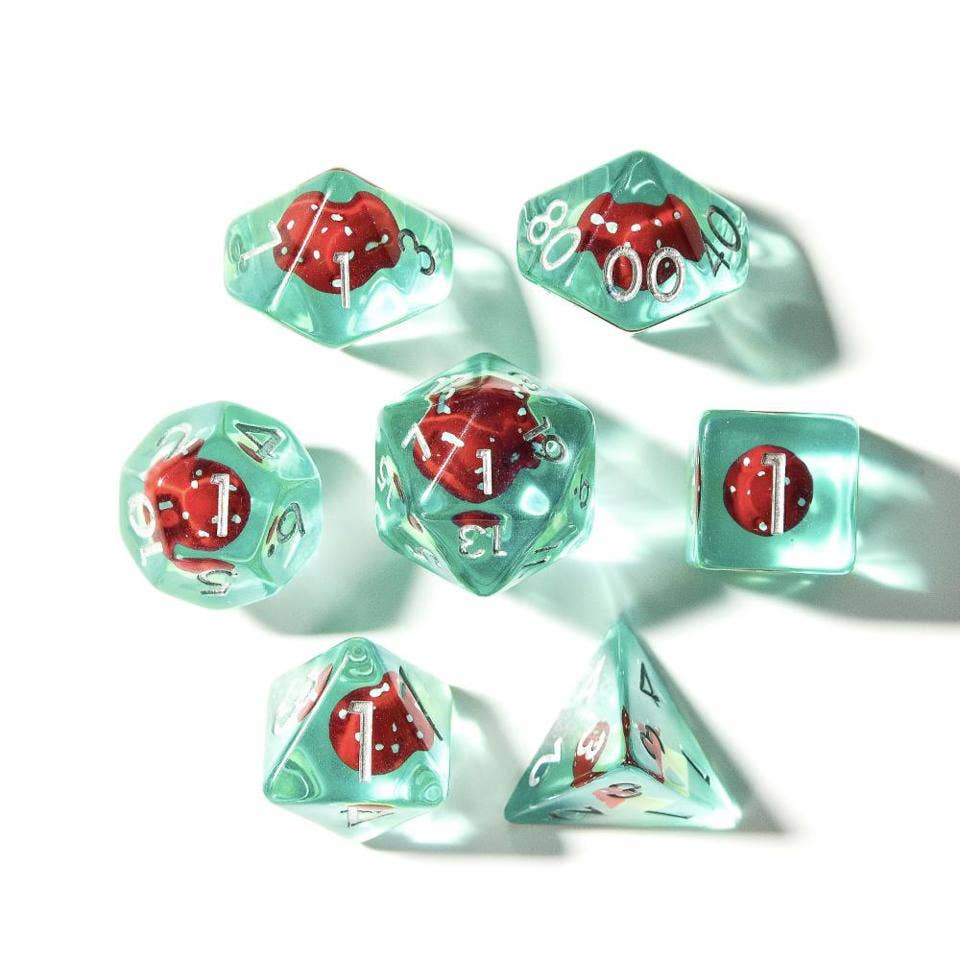 Red Mushies | Resin Inclusion Dice | 7-Polyhedral Set