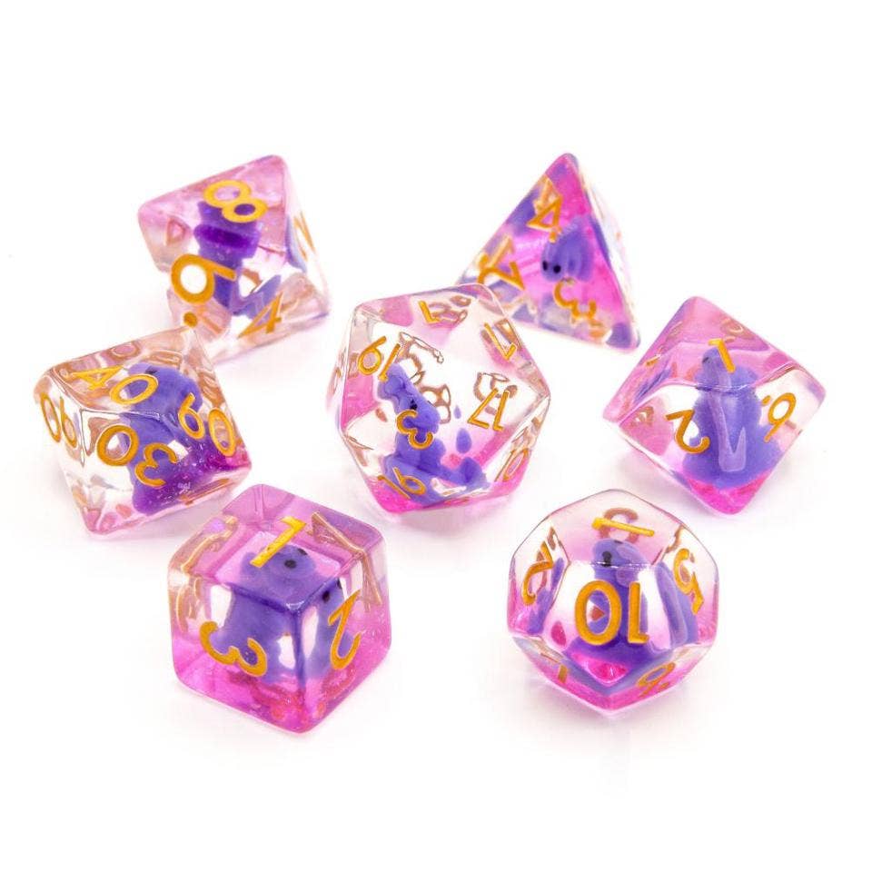 Purple T-Rex | Resin Inclusion Dice | 7-Polyhedral Set